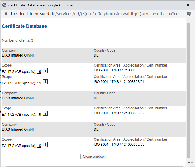德國DIAS紅外公司TUV證書查詢結(jié)果